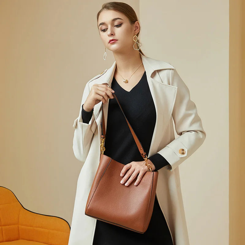 ZENCY Genuine Leather Bucket Bag